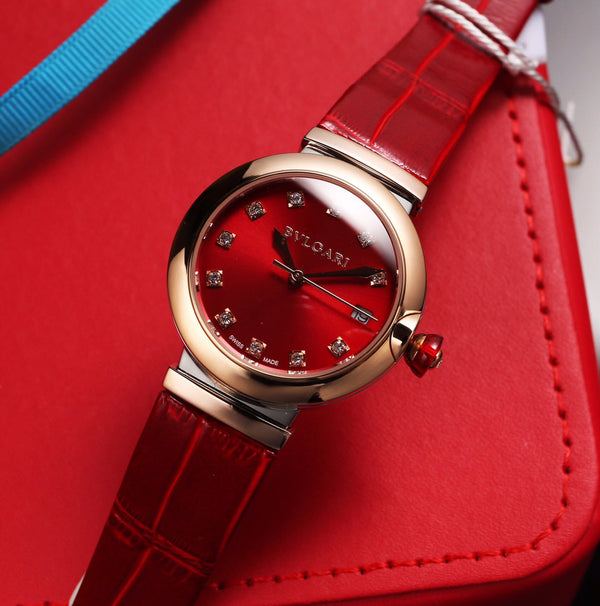 BVL LVCEA 33 PINK GOLD RED DIAL LEATHER STRAP