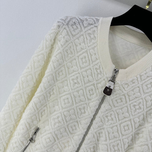 LV Embossed Long-Sleeved Cardigan in Cream Wool 271049