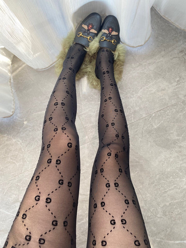 GG haute couture version 3D letter black flocked pantyhose