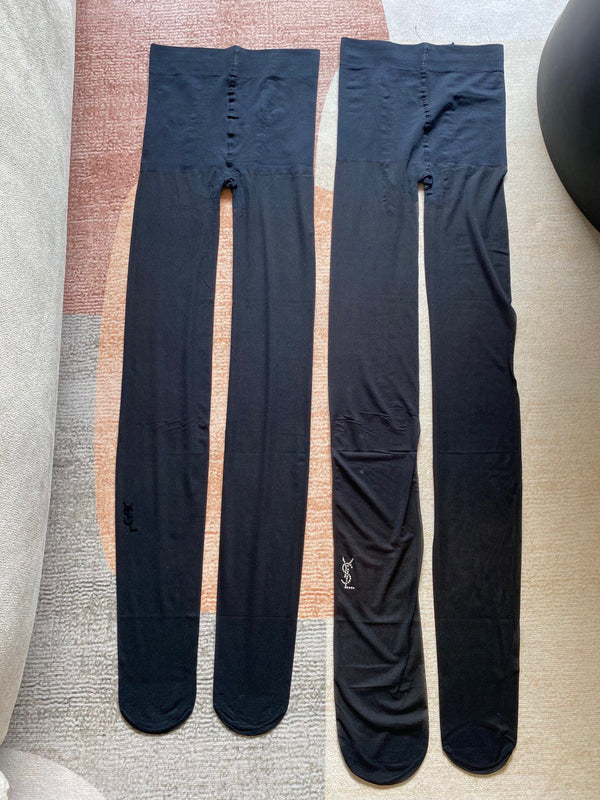 YSL rhinestone-embellished and flocked ultra-thin black pantyhose