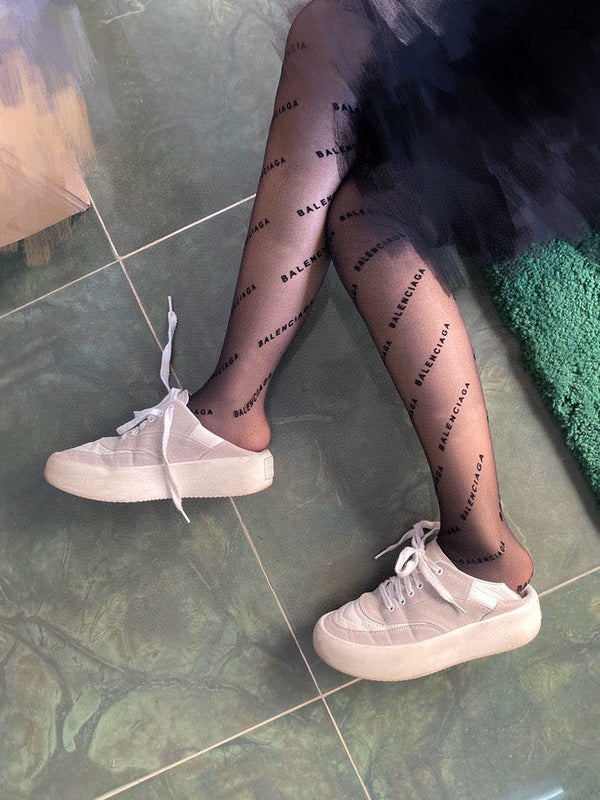 Balenciaga haute couture version all-over logo flocked sexy slimming black pantyhose
