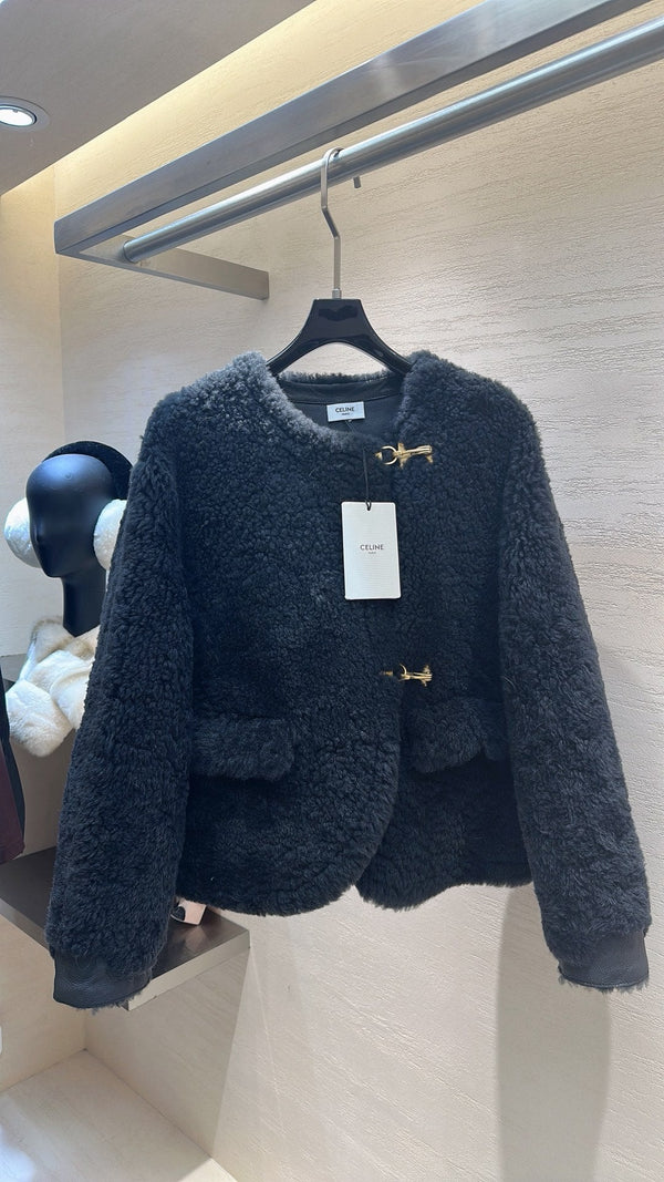 CELINE Shearling Black Coat 333331