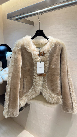 CELINE Shearling Brown Coat with Wool Trim 333327