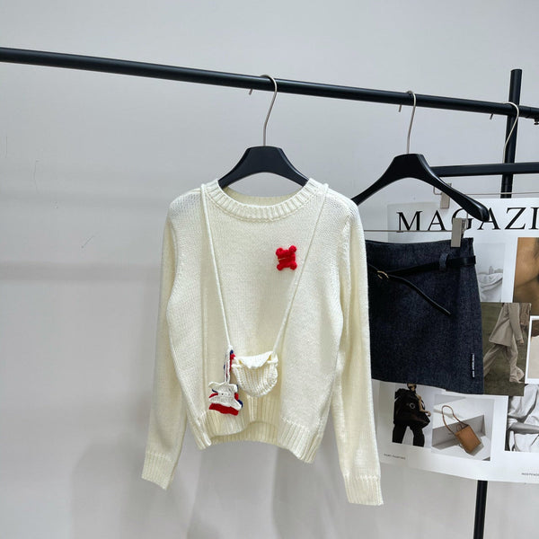 CE Beige Crew Neck Sweater with Brooch Decoration Wool Blend 320825