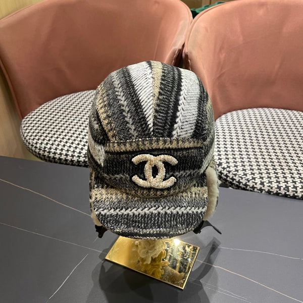 Chanel Winter Earflap Black Beige Fleece Hat 980017