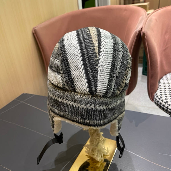 Chanel Winter Earflap Black Beige Fleece Hat 980017