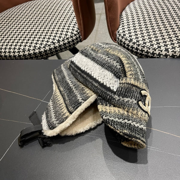 Chanel Winter Earflap Black Beige Fleece Hat 980017