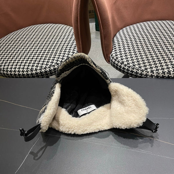 Chanel Winter Earflap Black Beige Fleece Hat 980017