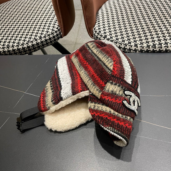 Chanel Winter Earflap Reddish Brown Fleece Hat 980018