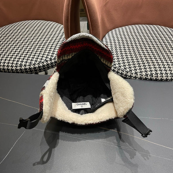 Chanel Winter Earflap Reddish Brown Fleece Hat 980018