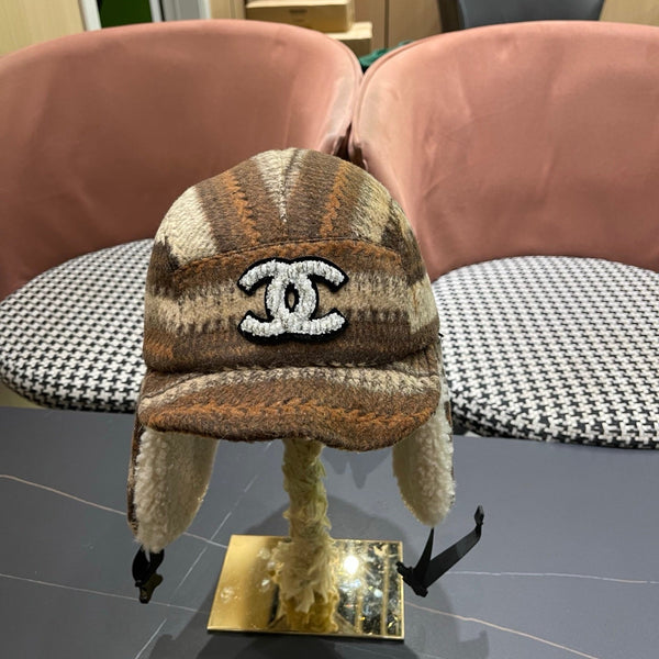 Chanel Winter Earflap Beige Brown Fleece Hat 980019