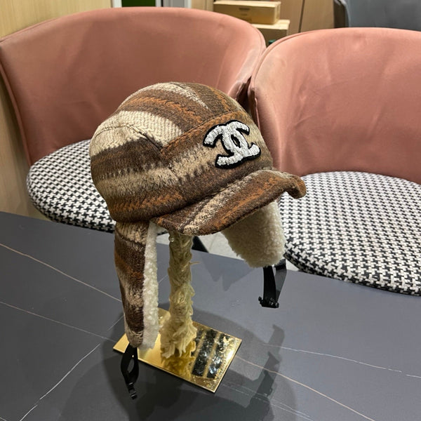 Chanel Winter Earflap Beige Brown Fleece Hat 980019