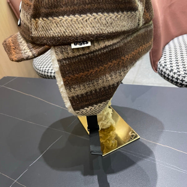 Chanel Winter Earflap Beige Brown Fleece Hat 980019