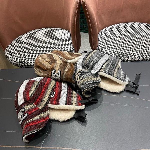 Chanel Winter Earflap Beige Brown Fleece Hat 980019