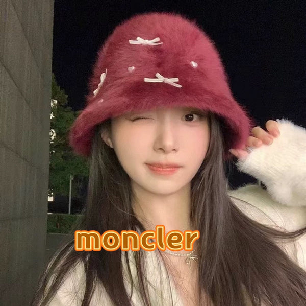 Moncler Cute Bunny Fur Heart Pearl Fisherman's Hat in Burgundy 980324