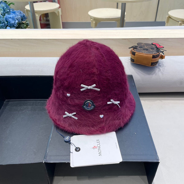 Moncler Cute Bunny Fur Heart Pearl Fisherman's Hat in Burgundy 980324
