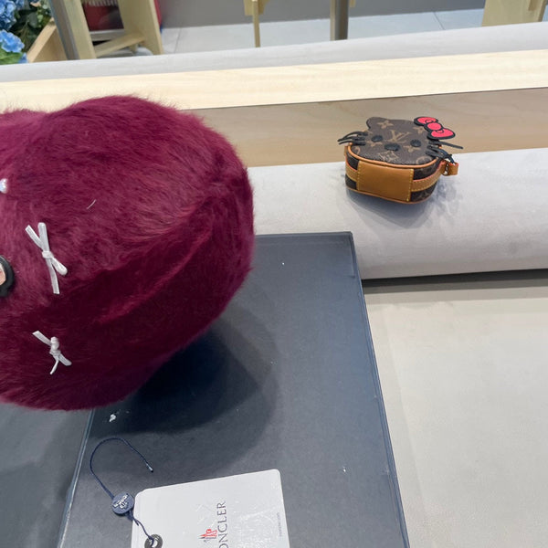 Moncler Cute Bunny Fur Heart Pearl Fisherman's Hat in Burgundy 980324