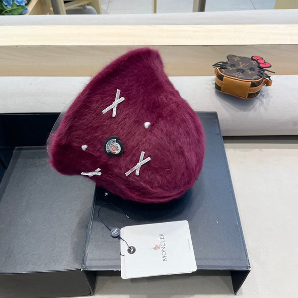 Moncler Cute Bunny Fur Heart Pearl Fisherman's Hat in Burgundy 980324