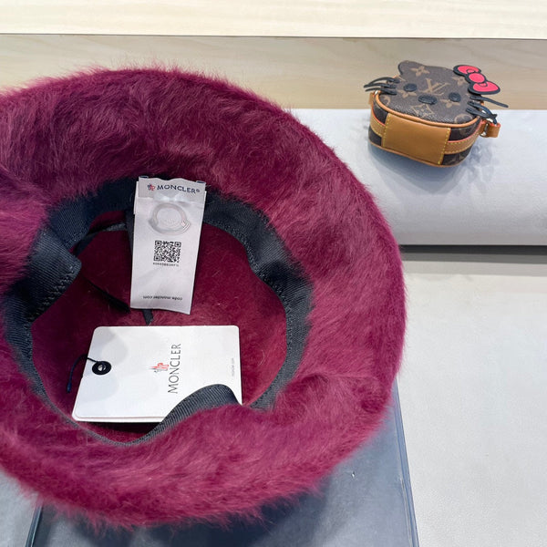 Moncler Cute Bunny Fur Heart Pearl Fisherman's Hat in Burgundy 980324