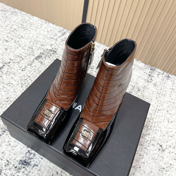 Chanel Croc-Embossed Square-Toe Dark Brown Ankle Boots in Cowhide 591401