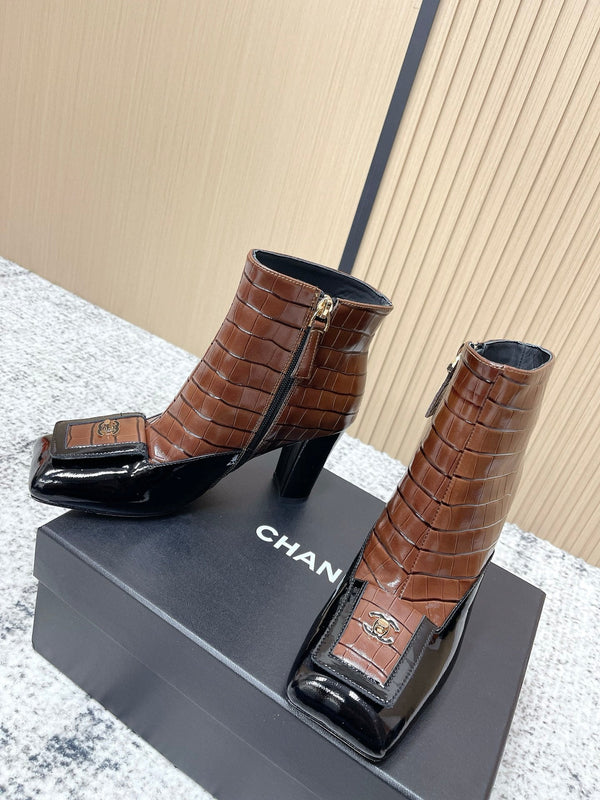 Chanel Croc-Embossed Square-Toe Dark Brown Ankle Boots in Cowhide 591401