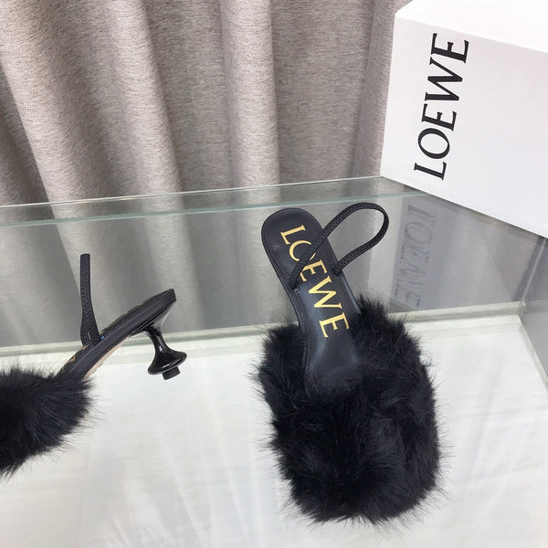 Loewe 25SS Fur-lined Mule 60 Black in Fox Fur 597435