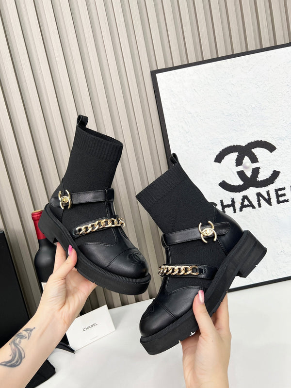 Chanel Chain Sock Ankle Boots Black Wool Flyknit 597917