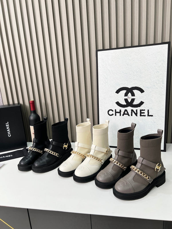 Chanel Chain Sock Ankle Boots Black Wool Flyknit 597917