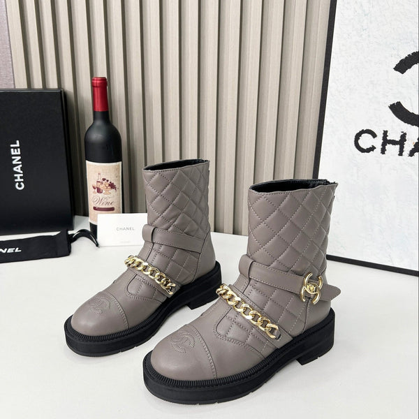 Chanel Chain Sock Ankle Boots Taupe Calfskin 597915