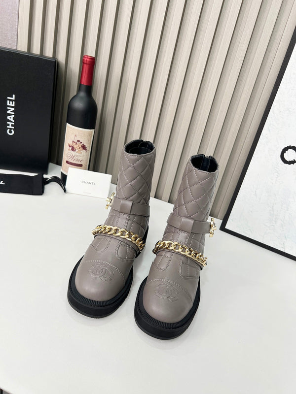 Chanel Chain Sock Ankle Boots Taupe Calfskin 597915