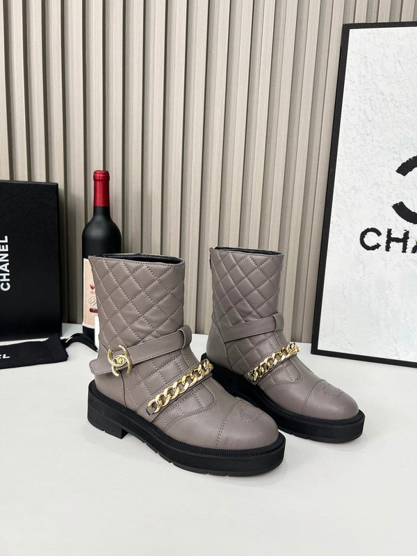 Chanel Chain Sock Ankle Boots Taupe Calfskin 597915