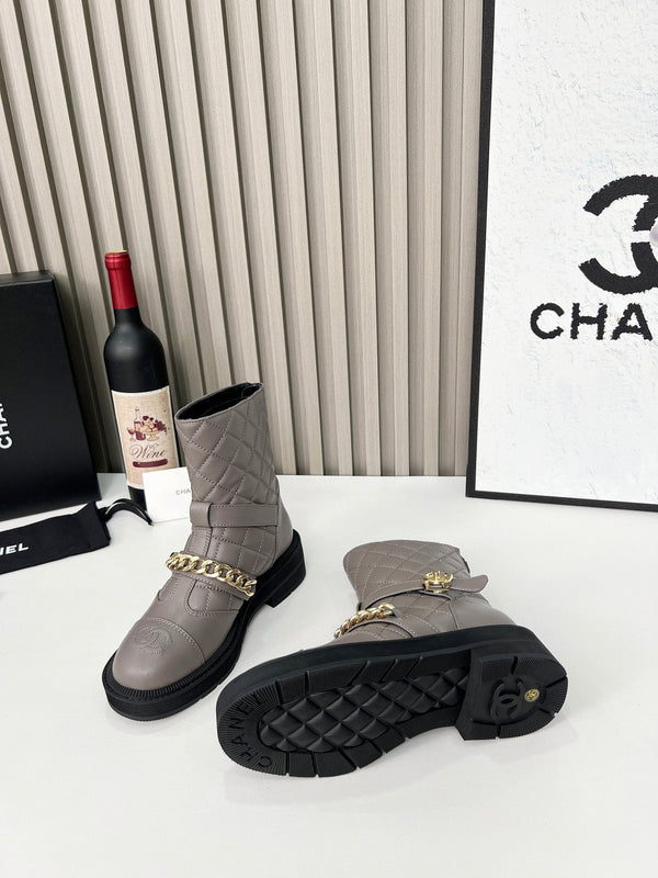 Chanel Chain Sock Ankle Boots Taupe Calfskin 597915