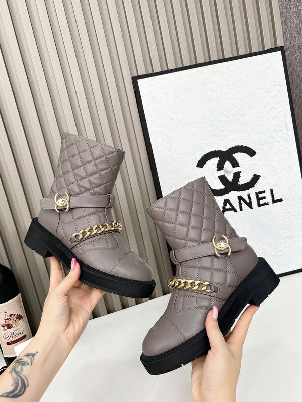 Chanel Chain Sock Ankle Boots Taupe Calfskin 597915