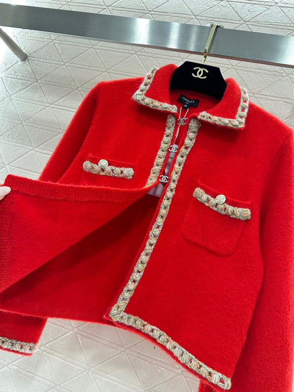 Chanel 25 Knitted Cardigan with Contrasting Trim Red in Wool 801436