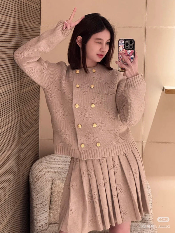 LV 25 Pattern Gold Button Cardigan + Pleated Mini Skirt