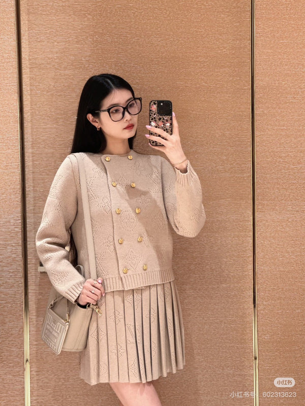 LV 25 Pattern Gold Button Cardigan + Pleated Mini Skirt