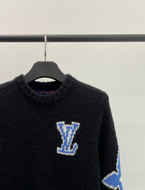LV Solid Letter Jacquard Crew Neck Knit Black Long Sleeve