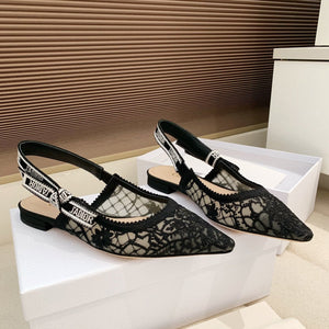 CD Ribbon Lace Open-toe Black Sandals in Sheepskin 598114