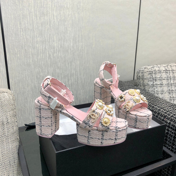 Chanel 26 Runway Style High-Heeled Sandals Pink in Tweed Fabric 602480