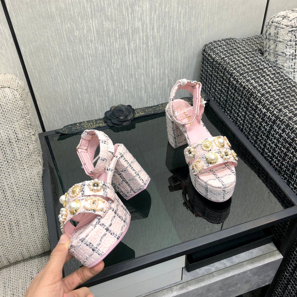 Chanel 26 Runway Style High-Heeled Sandals Pink in Tweed Fabric 602480