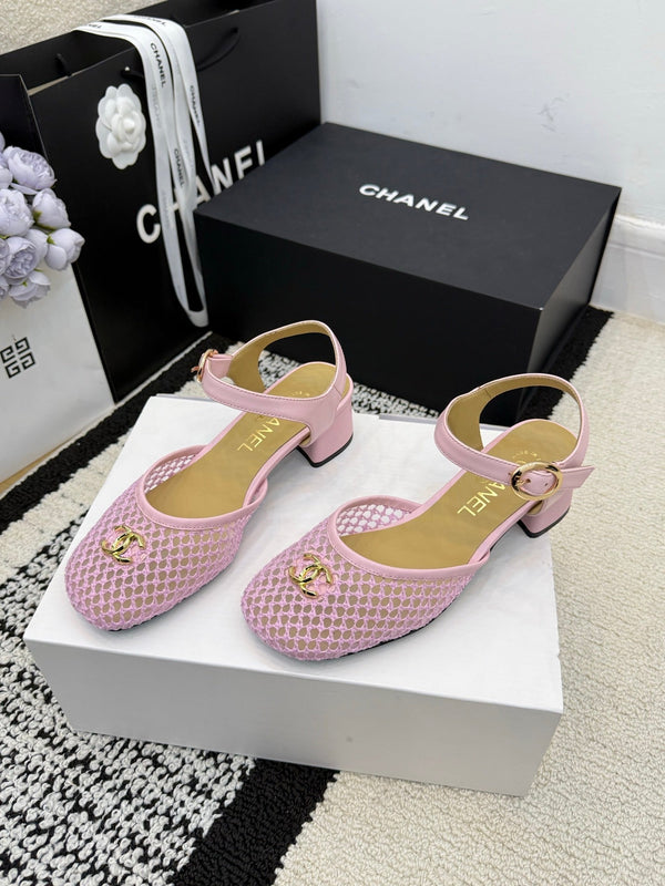 Chanel Square Toe Mary Jane Flats Pink in Mesh fabric 602170