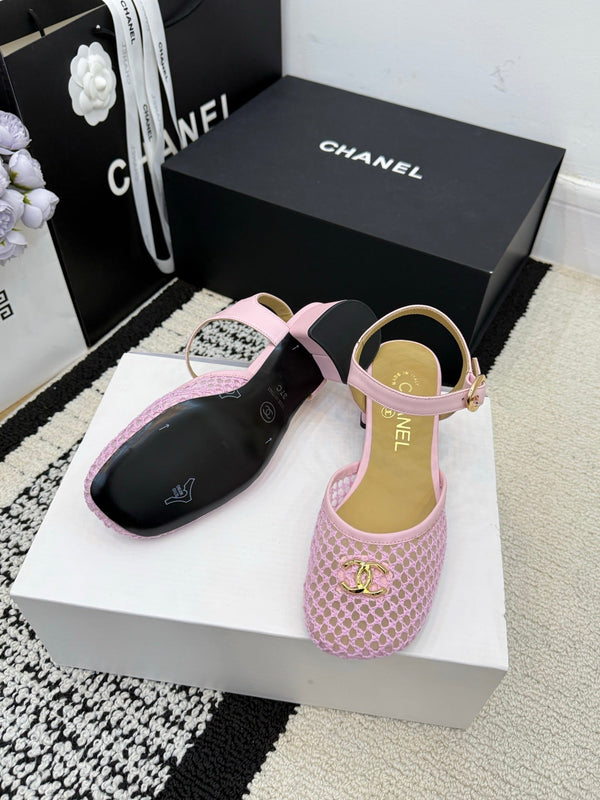 Chanel Square Toe Mary Jane Flats Pink in Mesh fabric 602170