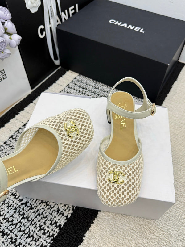 Chanel Square Toe Mary Jane Flats Off-white in Mesh fabric 602169
