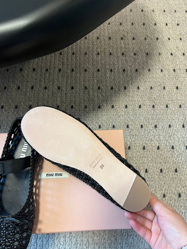 Miu Miu 26SS Ballet Flats Black in Sheepskin Leather Woven Mesh 614698