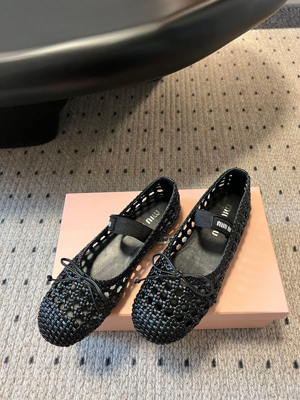 Miu Miu 26SS Ballet Flats Black in Sheepskin Leather Woven Mesh 614698