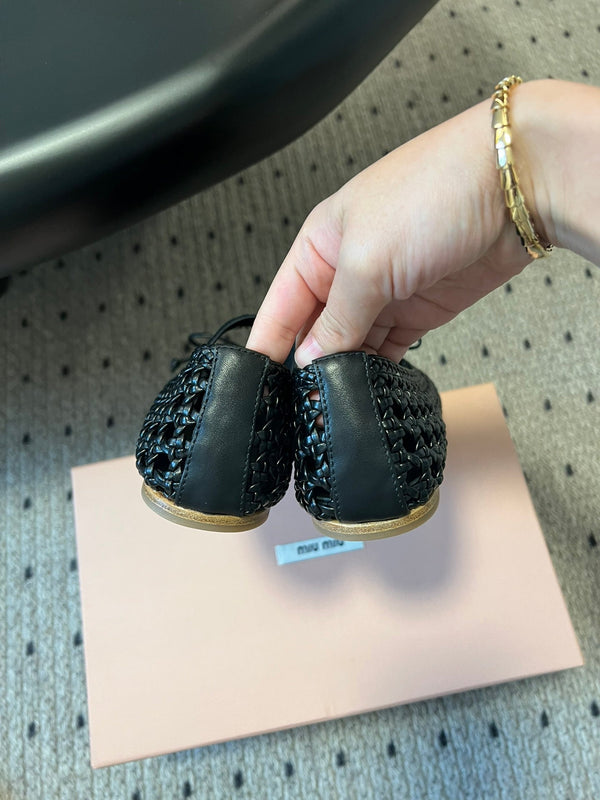 Miu Miu 26SS Ballet Flats Black in Sheepskin Leather Woven Mesh 614698