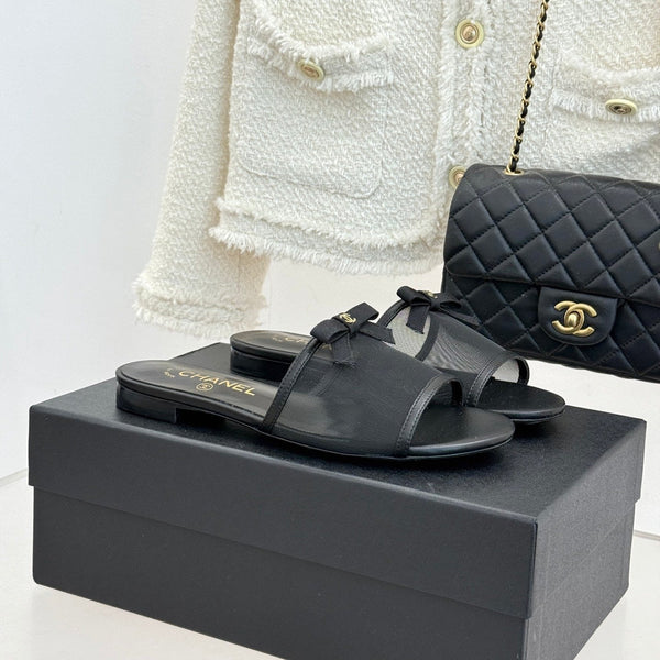 Chanel  26C Double C Bow Slippers Black in Mesh 615711