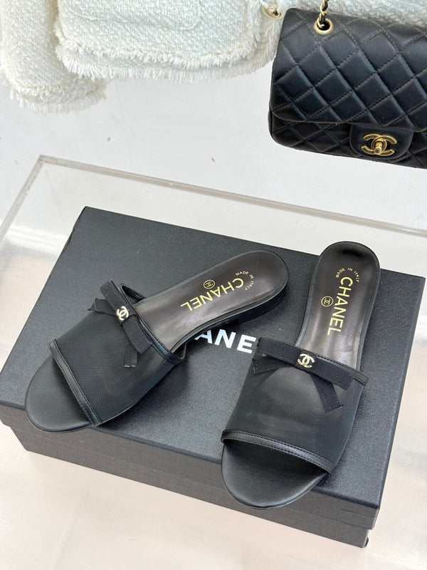 Chanel  26C Double C Bow Slippers Black in Mesh 615711