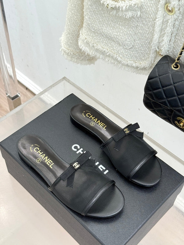 Chanel  26C Double C Bow Slippers Black in Mesh 615711