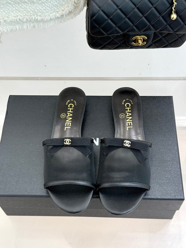 Chanel  26C Double C Bow Slippers Black in Mesh 615711